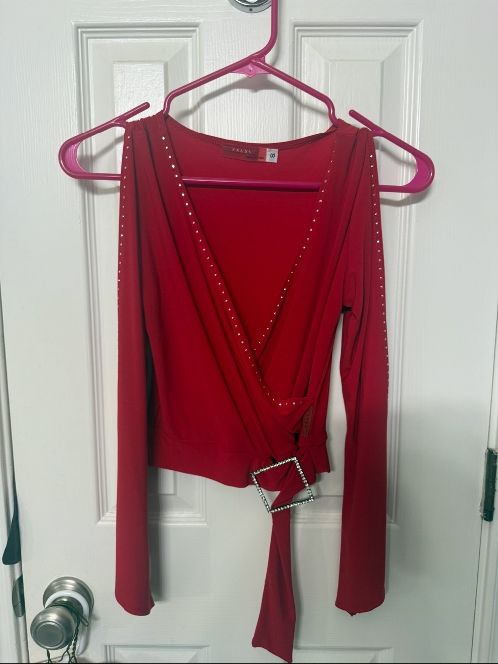 Vintage Prada Red Long-Sleeve Wrap Top with Stud Detail
